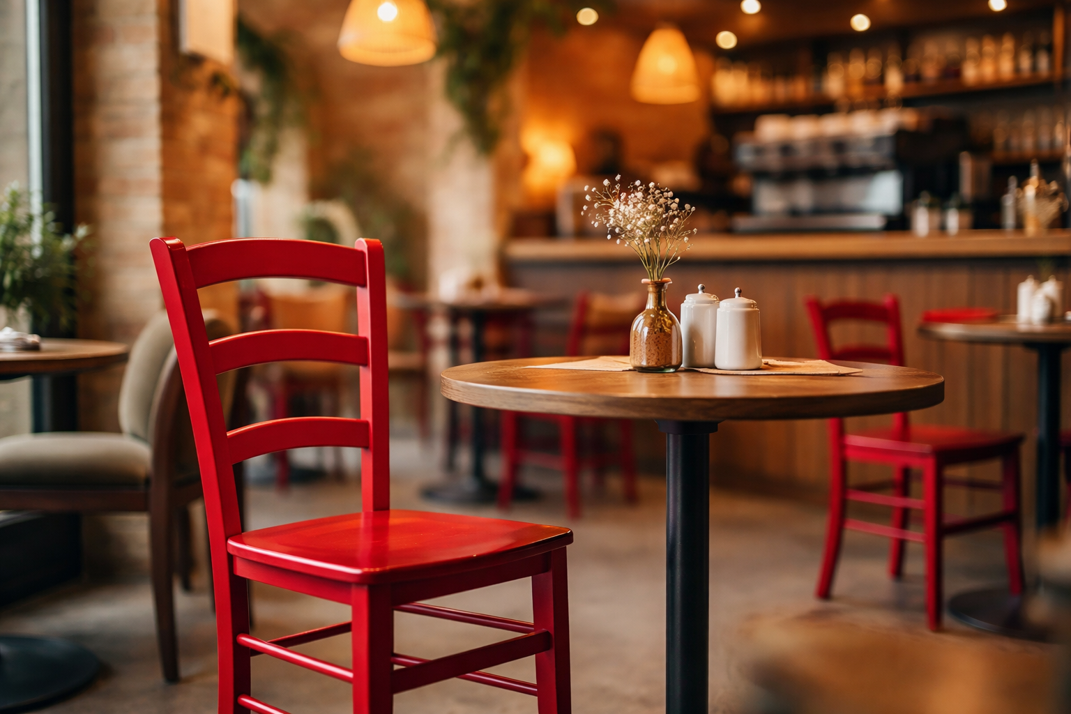 Červená židle v útulné kavárně